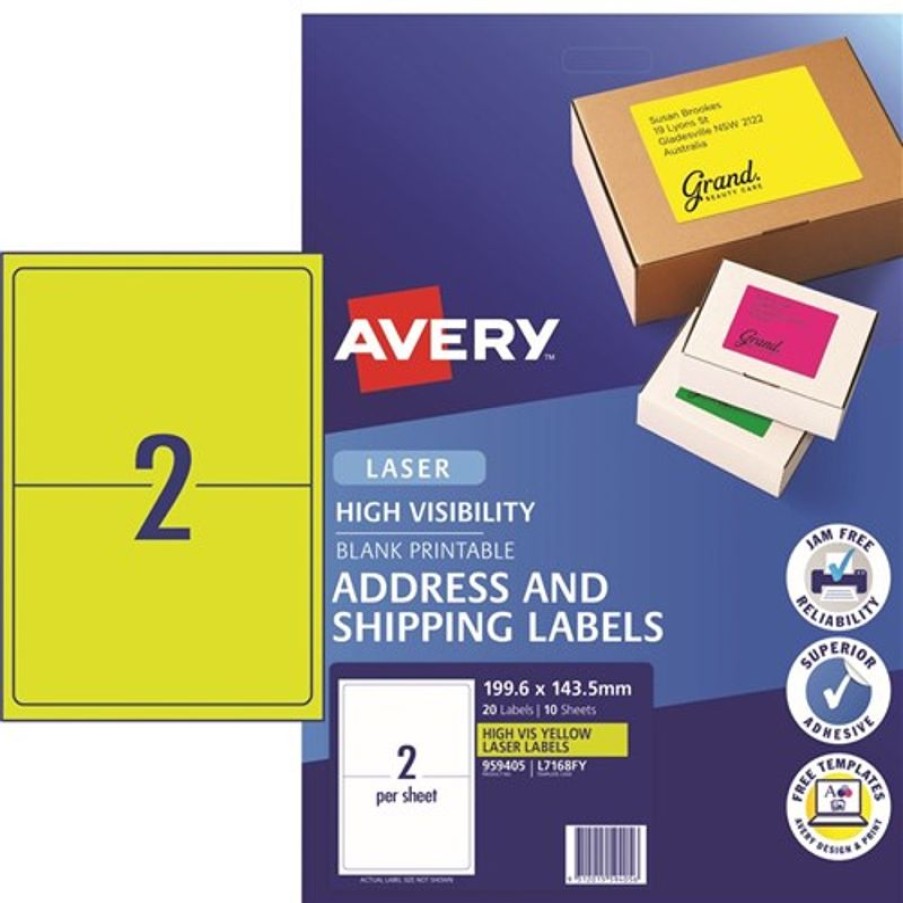 Telephones & Accessories | Avery Avery High Visibility Shipping Laser Labels Yellow L7168Fy 199.6X143.5Mm 2Up 20 Labels