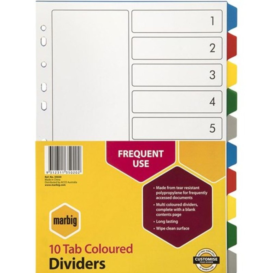 Dividers | Marbig Marbig Plastic Indices & Dividers A4 10 Tab Multi Colour