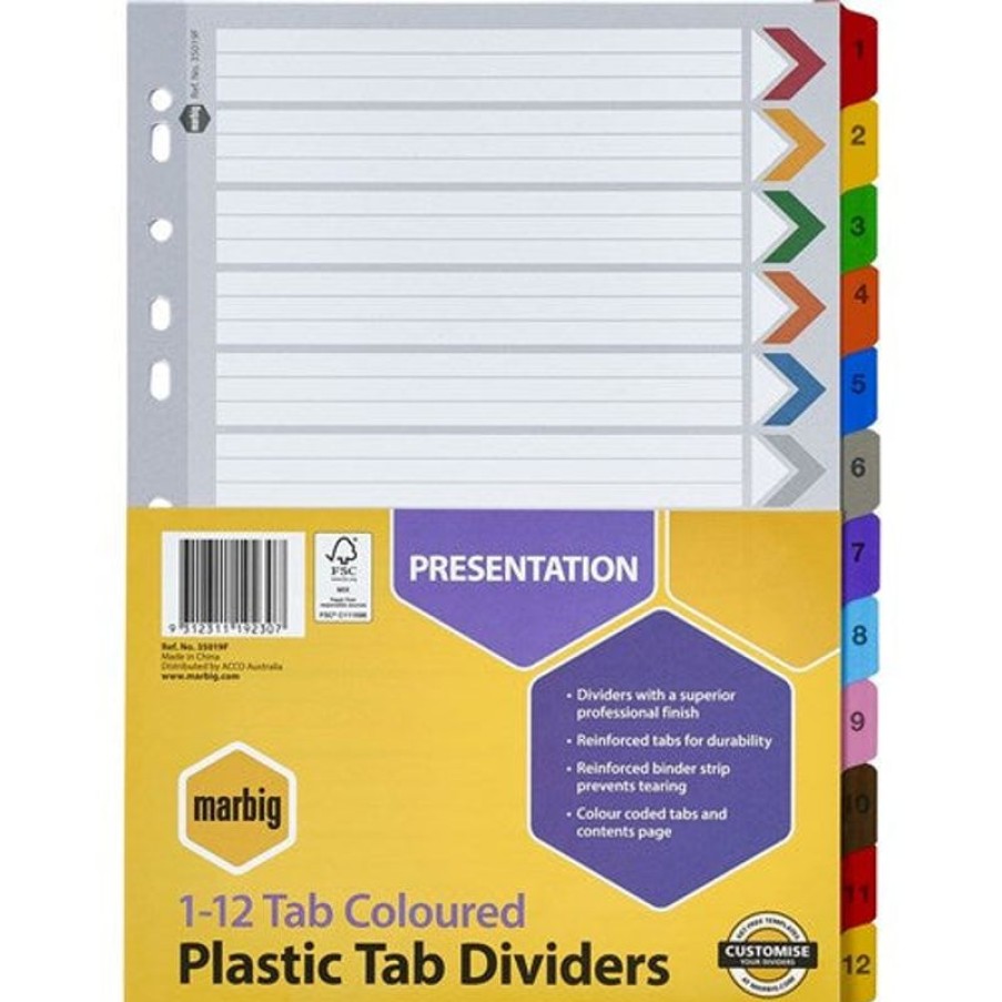 Dividers | Marbig Marbig Plastic Indices & Dividers A4 Reinforced 1-12 Tab Multi Colour