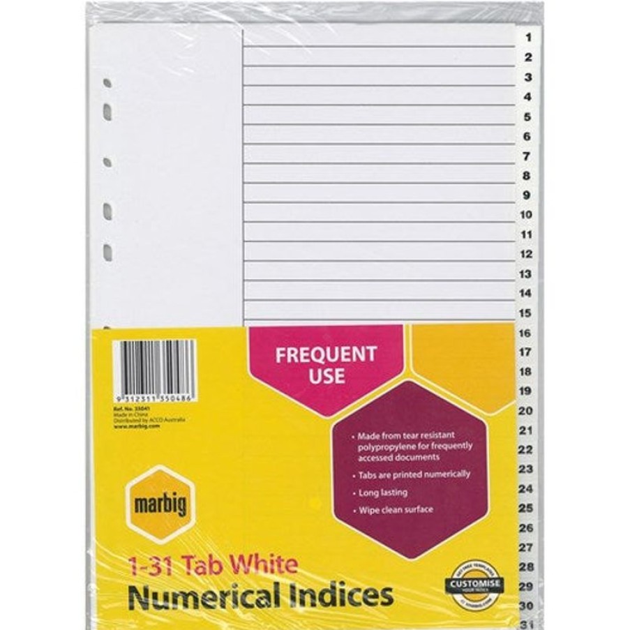 Dividers | Marbig Marbig Plastic Indices & Dividers A4 1-31 Tab White