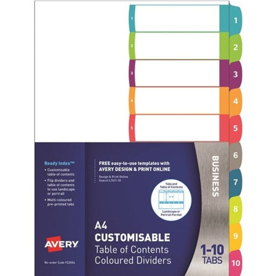 Telephones & Accessories | Avery Avery L7411-10 Customisable Dividers A4 1-10 Index Tabs Bright Assorted