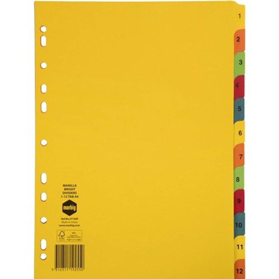 Dividers | Marbig Marbig Manilla Indices & Dividers A4 1-12 Tab Bright Colours