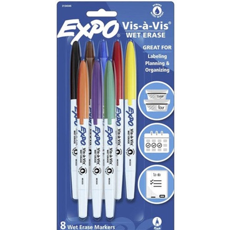 Markers & Highlighters | Expo Expo Vis-A-Vis Wet Erase Whiteboard Markers Fine Point Assorted Colours Pack Of 8