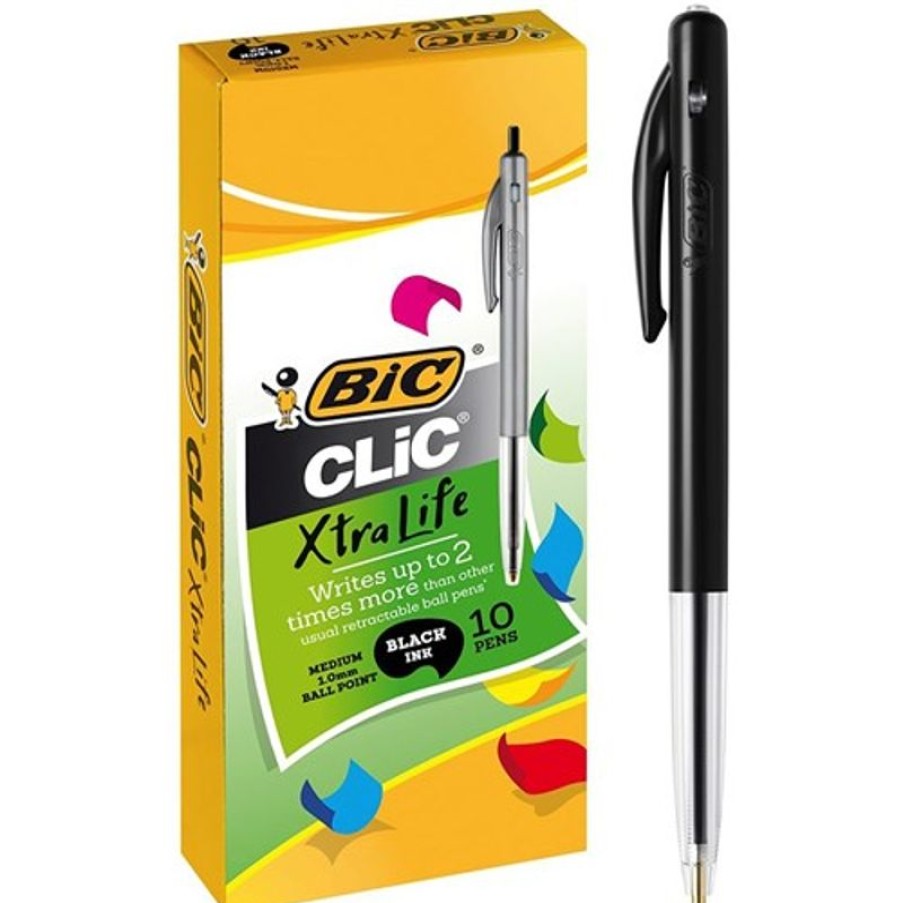 Telephones & Accessories | Bic Bic Clic M10 Xtra Life Ballpoint Pen Retractable Medium 1Mm Black Pack Of 10