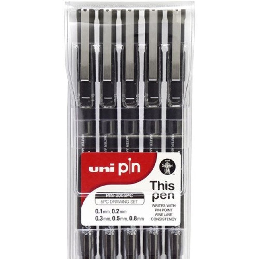 Pens | Uni-Ball Uni Pin 200 Fineliner Drawing Pens 5 Assorted Nib Sizes Black Pack Of 5