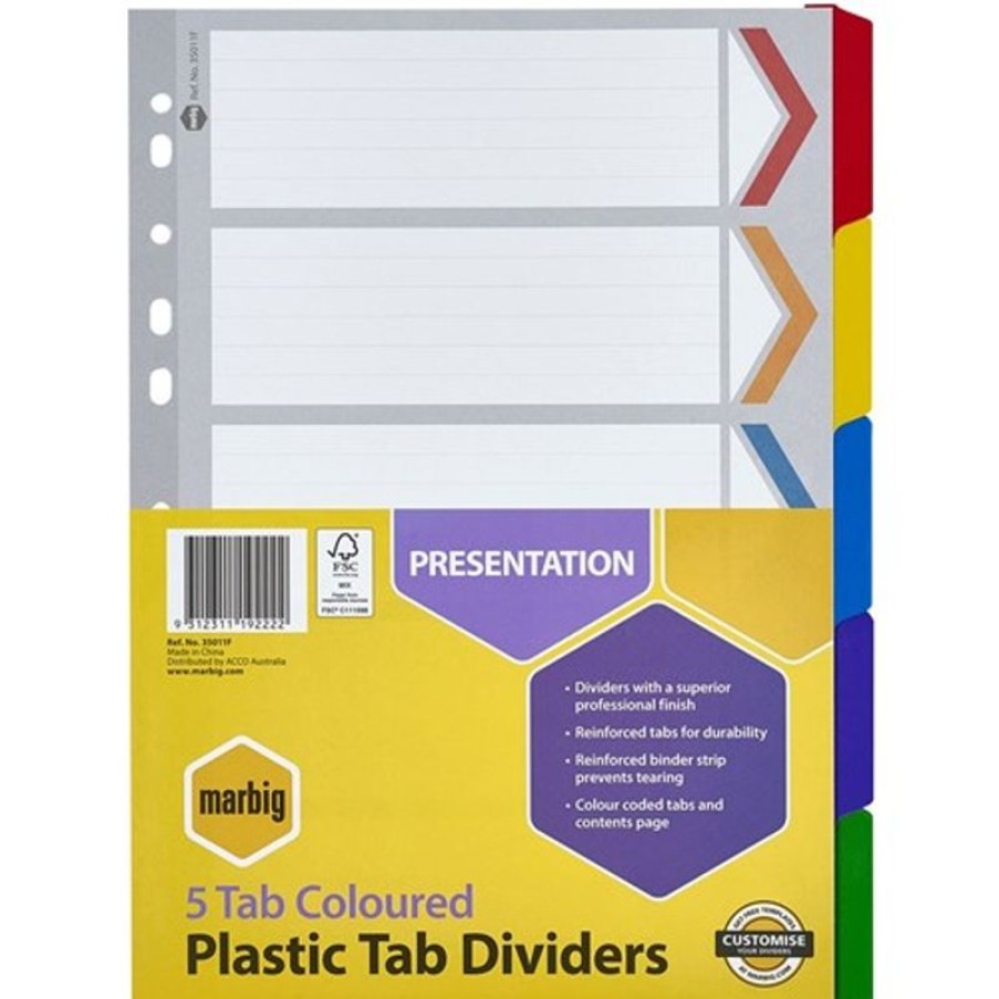 Dividers | Marbig Marbig Plastic Indices & Dividers A4 Reinforced 5 Tab Multi Colour