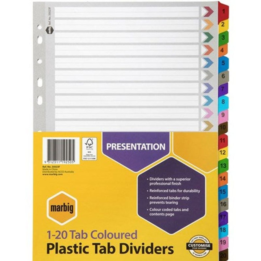 Dividers | Marbig Marbig Plastic Indices & Dividers A4 Reinforced 1-20 Tab Multi Colour