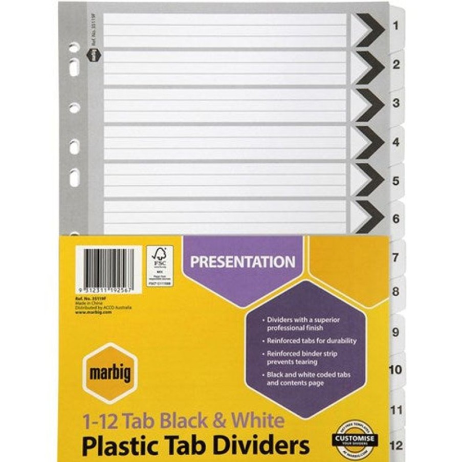 Dividers | Marbig Marbig Plastic Indices & Dividers A4 Reinforced 1-12 Tab Black & White