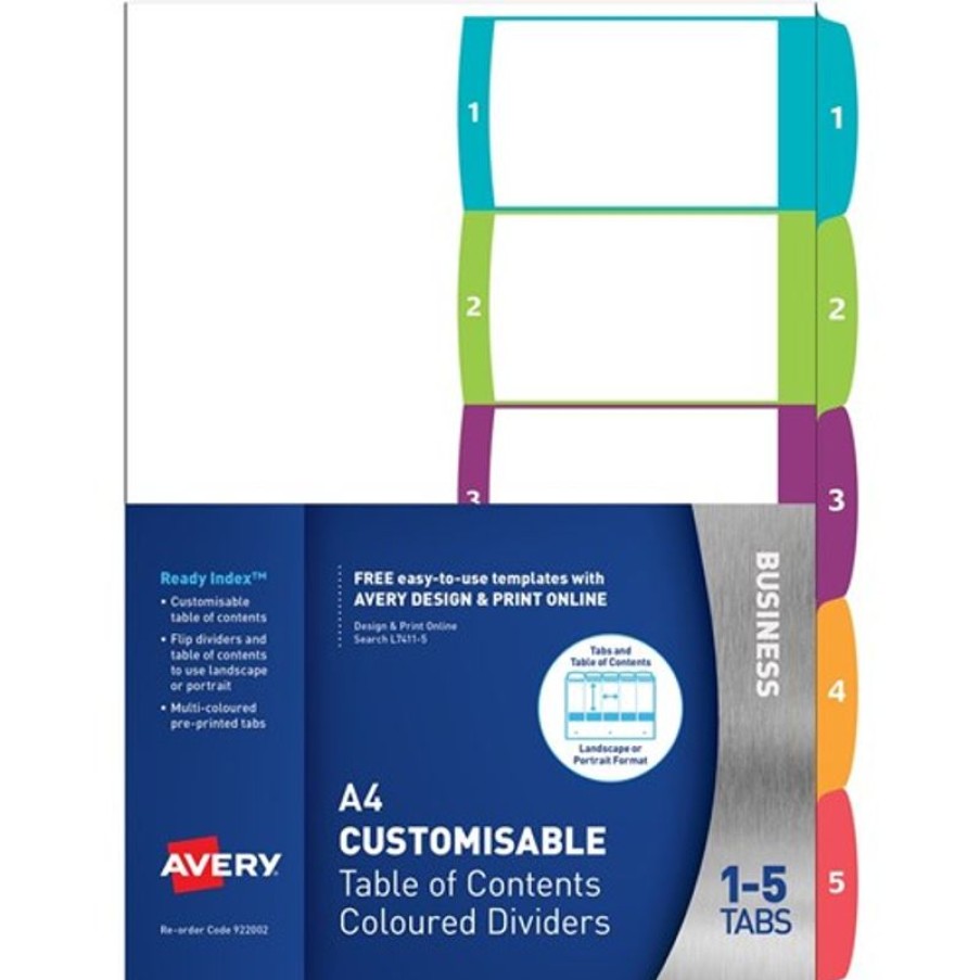 Telephones & Accessories | Avery Avery L7411-5 Customisable Dividers A4 1-5 Index Tabs Bright Assorted