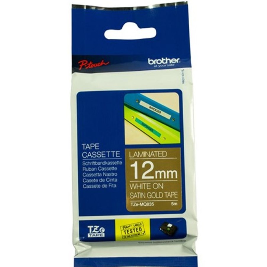 Telephones & Accessories | Brother Brother Tze-Mq835 P-Touch Tape 12Mmx5M White On Satin Gold