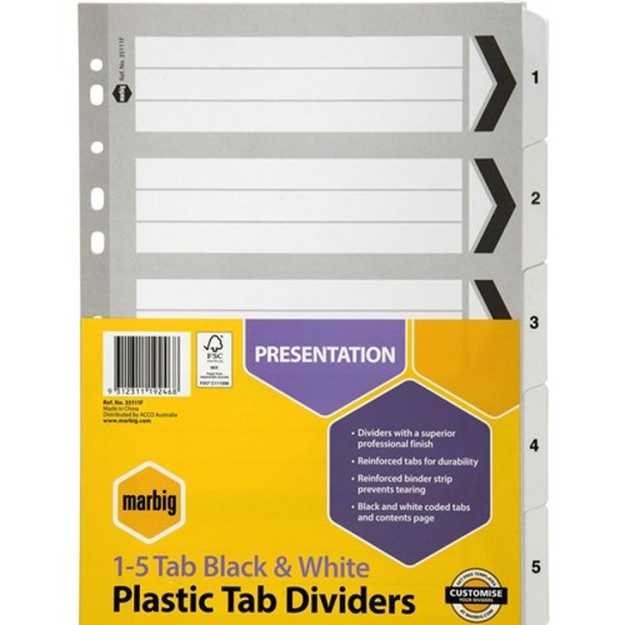 Dividers | Marbig Marbig Plastic Indices & Dividers A4 Reinforced 1-5 Tab Black & White