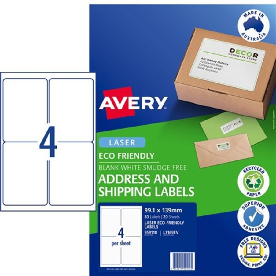 Telephones & Accessories | Avery Avery Eco Friendly Labels Laser Printer White 99.1X139Mm 4Up 80 Labels