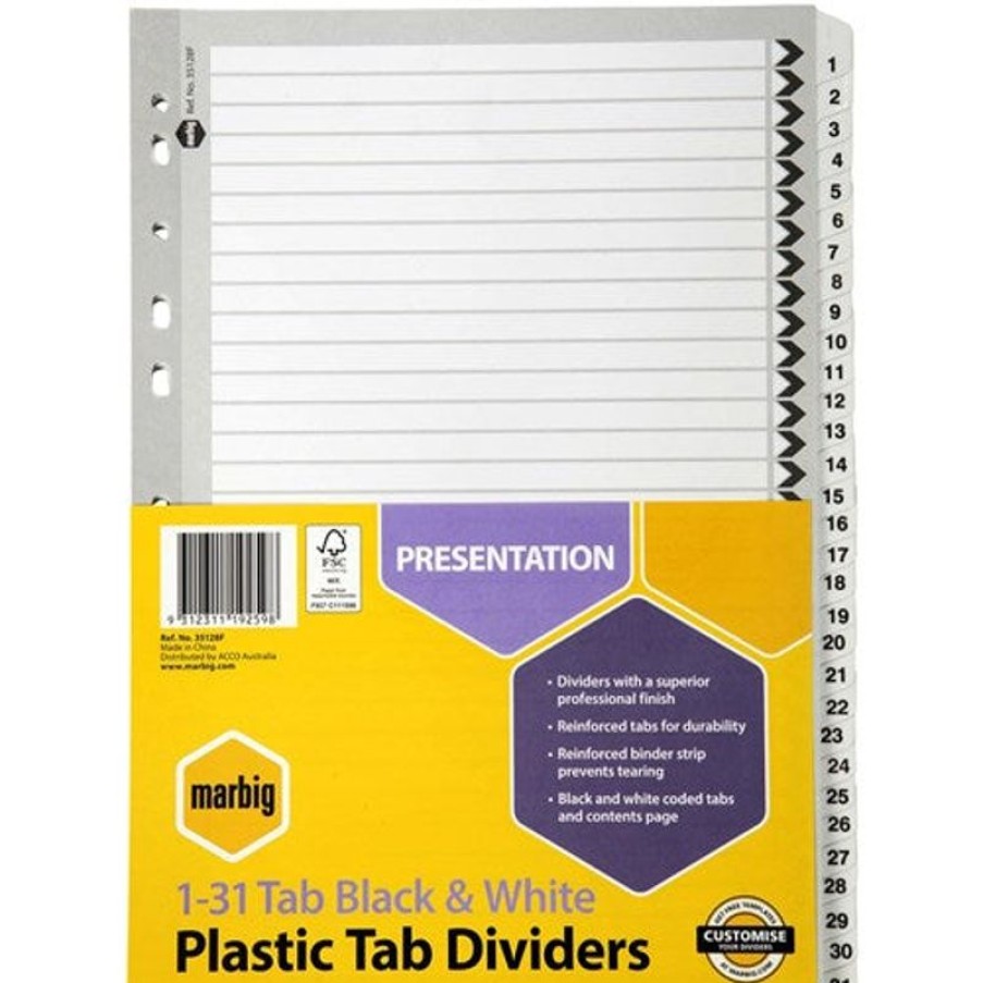 Dividers | Marbig Marbig Plastic Indices & Dividers A4 Reinforced 1-31 Tab Black & White