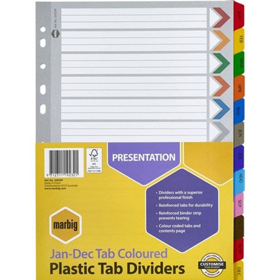 Dividers | Marbig Marbig Plastic Indices & Dividers A4 Reinforced Jan-Dec Tab Multi Colour