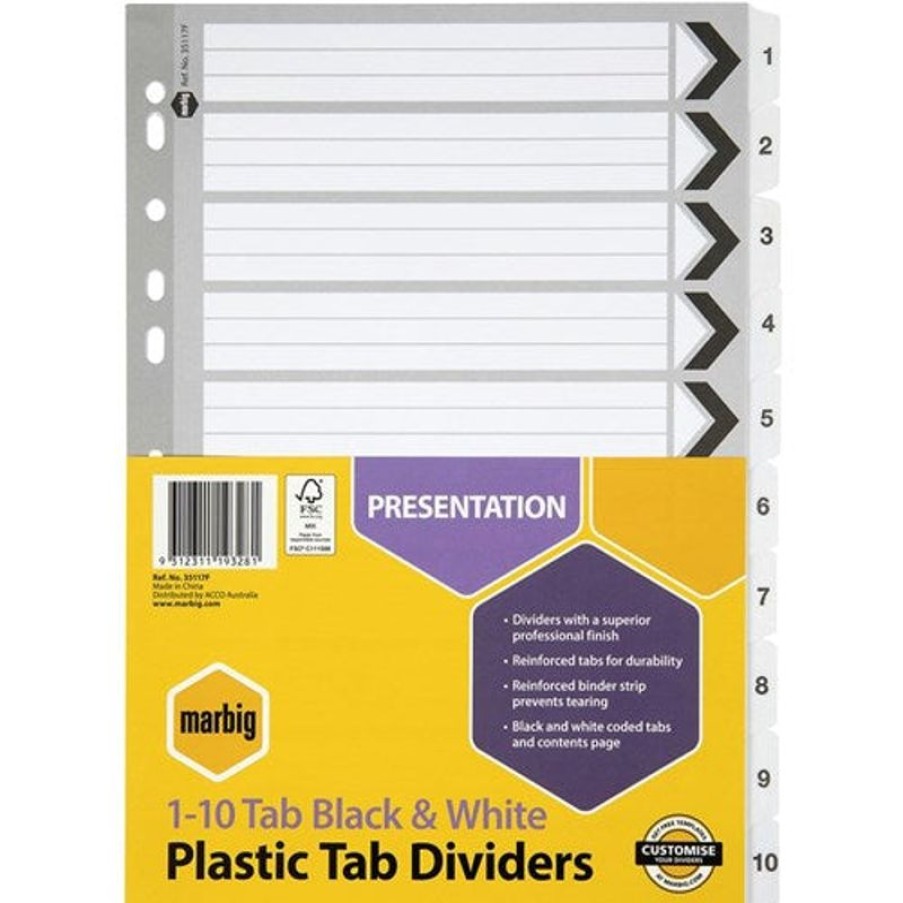 Dividers | Marbig Marbig Plastic Indices & Dividers A4 Reinforced 1-10 Tab Black & White