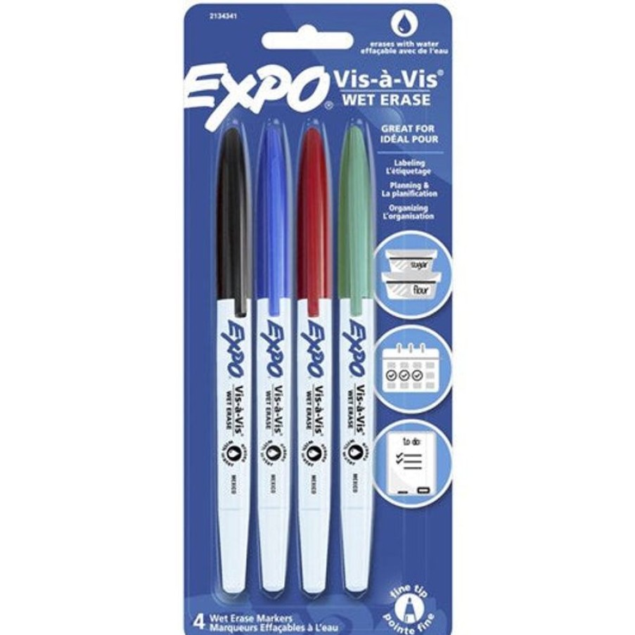 Markers & Highlighters | Expo Expo Vis-A-Vis Wet Erase Whiteboard Markers Fine Point Assorted Colours Pack Of 4