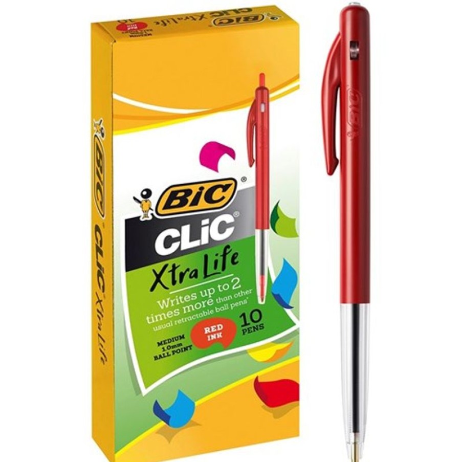 Telephones & Accessories | Bic Bic Clic M10 Xtra Life Ballpoint Pen Retractable Medium 1Mm Red Pack Of 10