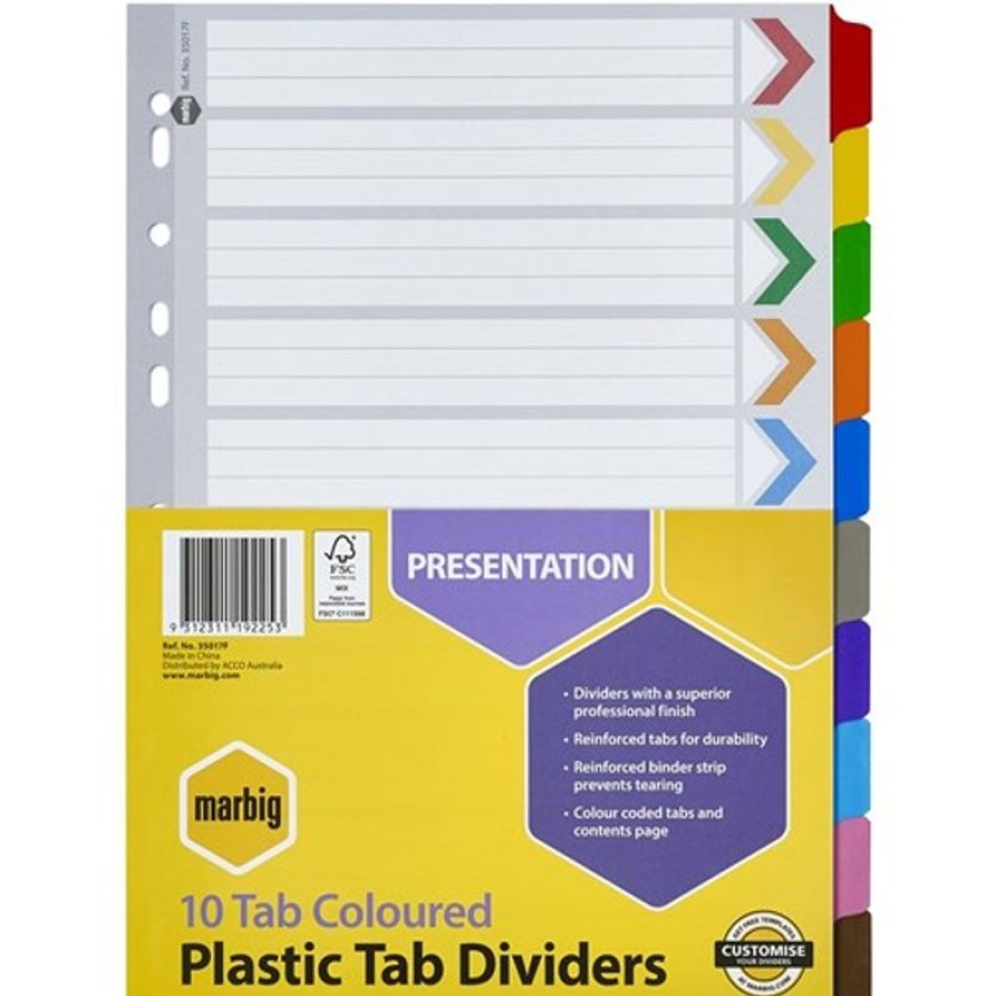 Dividers | Marbig Marbig Plastic Indices & Dividers A4 Reinforced 10 Tab Multi Colour