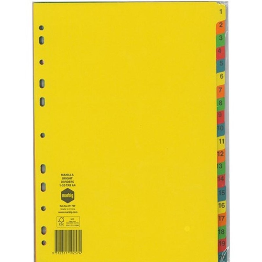 Dividers | Marbig Marbig Manilla Indices & Dividers A4 1-20 Tab Bright Colours