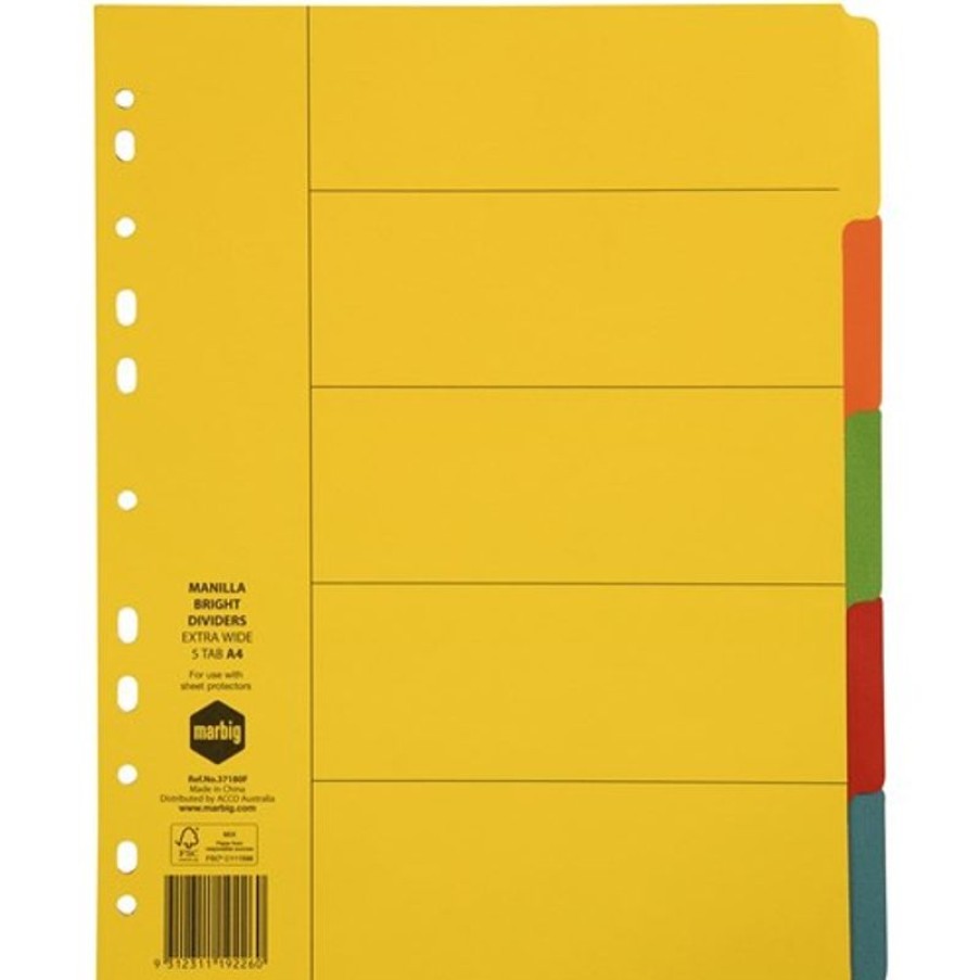 Dividers | Marbig Marbig Manilla Indices & Dividers A4 Extra Wide 5 Tab Bright Colours