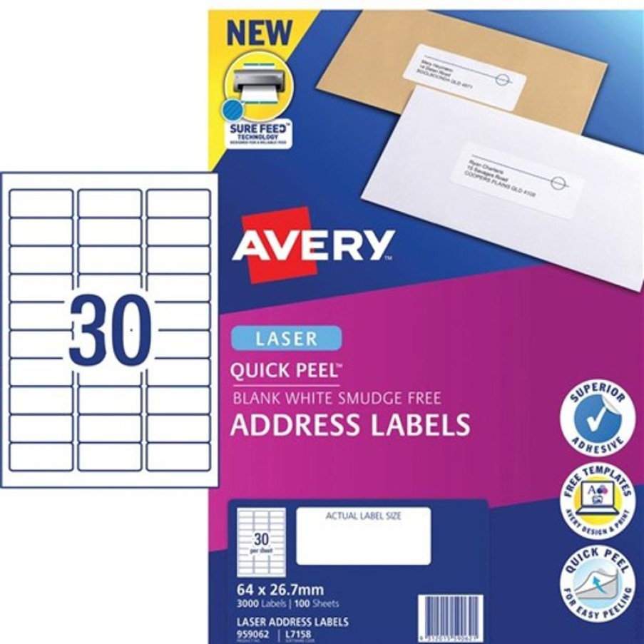 Telephones & Accessories | Avery Avery Quick Peel Address Laser White L7158 64X26.7Mm 30Up 3000 Labels 100 Sheets