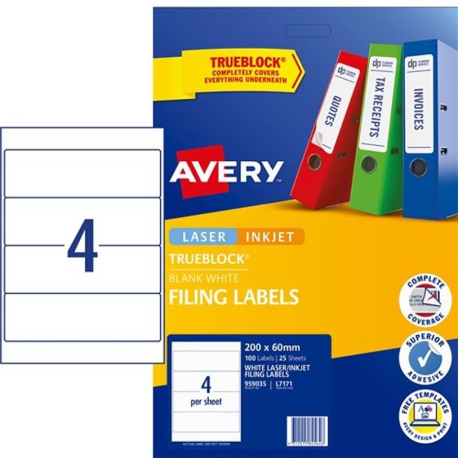 Telephones & Accessories | Avery Avery Filing Laser & Inkjet Labels White L7171 200X60Mm 4Up 100 Labels 25 Sheets