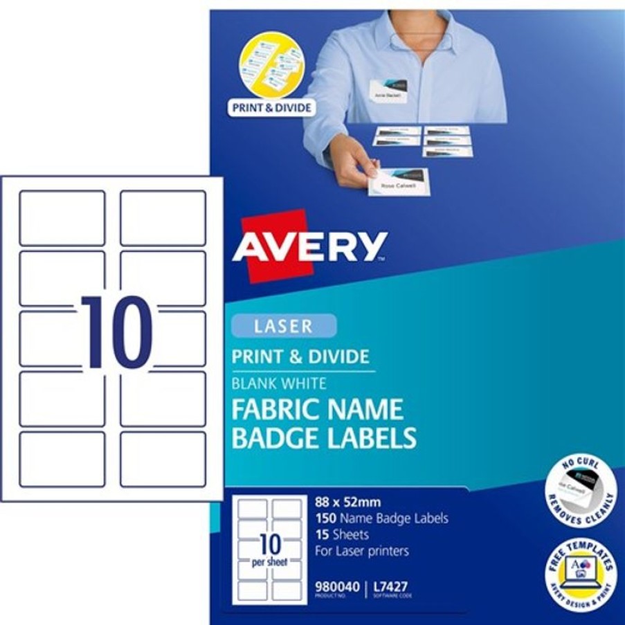 Telephones & Accessories | Avery Avery Fabric Name Badge Laser Labels White L7427 88X52Mm 10Up 150 Labels 15 Sheets