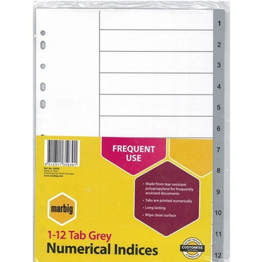 Dividers | Marbig Marbig Plastic Indices & Dividers Tabs A4 1-12 Grey