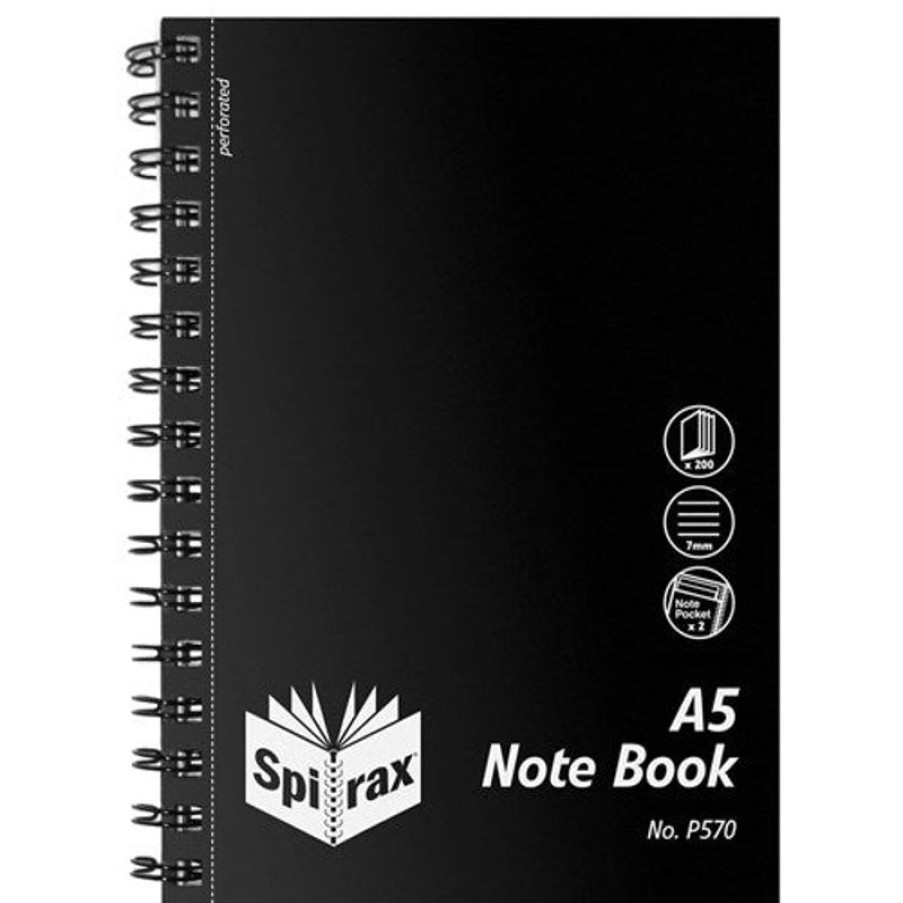 Paper, Post & Books/Books | Spirax Spirax P570 Notebook Poly Cover With Note Pockets A5 Ruled 200 Page Side Open Black